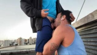 Terrace gay fuck with a hunk top and slutty bottom