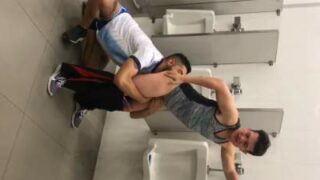 Toilet gay fuckers having a wild quickie