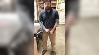 Horny working man strips in workshop with buddy
