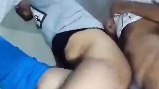 Bareback gay threesome sex of horny twinks