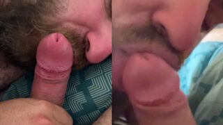 Blonde beard guy brushing with big dick
