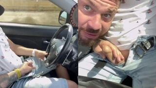 Gay friends enjoy blowjob in running car