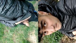 American young man roams in the park with dick flashing