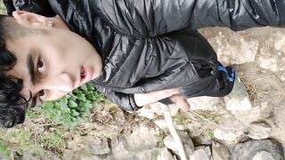 American young man roams in the park with dick flashing