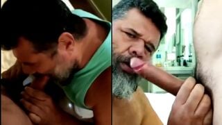 Beard uncle show his blowjob skills with big mouth
