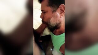 Beard uncle show his blowjob skills with big mouth