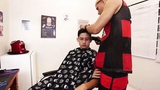 Barber seduces his customer while cutting
