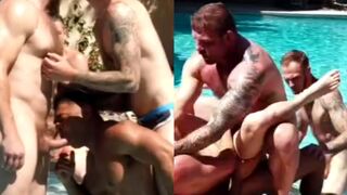Group of friends enjoy outdoor group sex in swimming pool