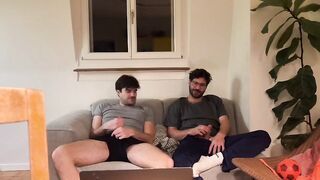 Friends enjoy gay porn while handjob sex video