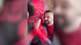 Two mature men enjoy spiderman cosplay sex video