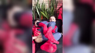 Two mature men enjoy spiderman cosplay sex video