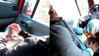 Two drivers enjoy blowjob sex while driving car